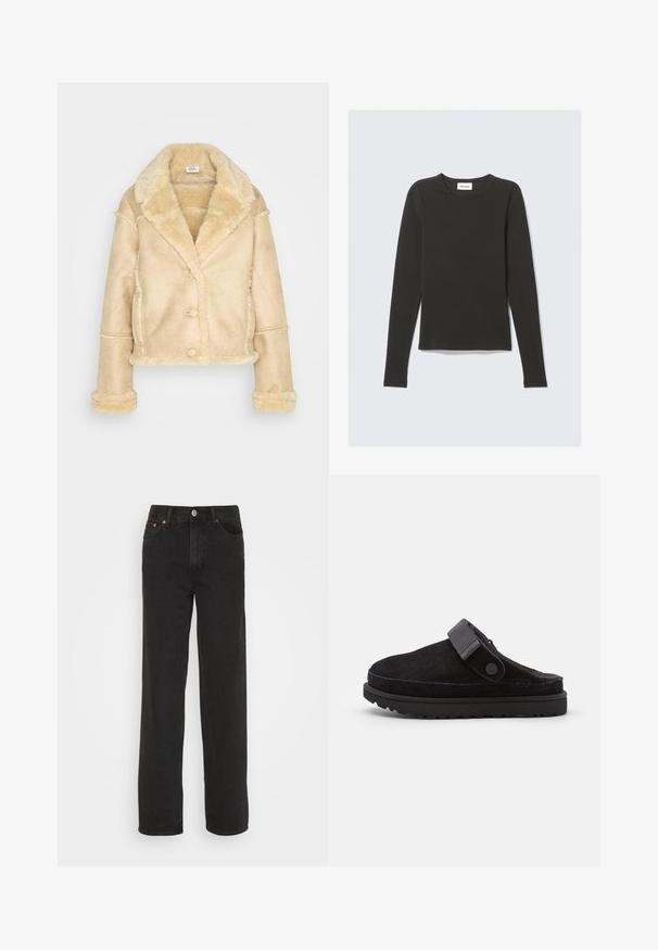 Beige schapenvachtjas met grote kraag, knoopsluiting, zijzakken en fuzzy voering op de manchetten, onderkant en kraag.; Zwart T-shirt met lange mouwen en ronde hals, slim fit, plat gelegd op een lichtgrijze achtergrond.; Zwarte rechte jeans met vijf zakken, een knoop aan de voorkant en riemlussen, weergegeven tegen een witte achtergrond.; Zwarte suède instap klompen met een ronde neuzen, zachte textuur, verstelbare band en een dikke rubberen zool met een patroonprofiel voor grip.