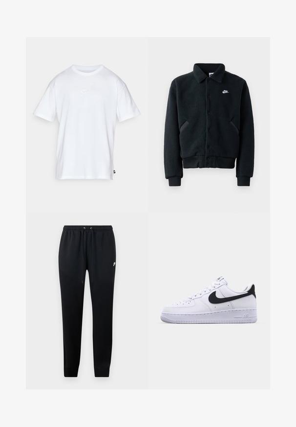 Schwarze Fleecejacke mit Knopfverschluss, gerippten Bündchen und Saum. Mit einem kleinen weißen Nike-Logo auf der linken Brust und seitlichen Taschen.; Weißes Baumwoll-T-Shirt mit kurzen Ärmeln und Rundhalsausschnitt. Verfügt über ein kleines, dezentes Nike-Logo auf der Brust und ein seitliches Etikett.; Schwarze Jogginghose aus weichem Stoff, mit einem elastischen Bund und Kordelzug, gerippten Knöcheln und einem kleinen Logo-Detail an der Seite.; Weißes Leder-Sneaker mit einem strukturierten schwarzen Swoosh, flachen Schnürsenkeln und einer Gummisohle mit genoppetem Muster. "AIR" ist auf der Ferse eingeprägt.