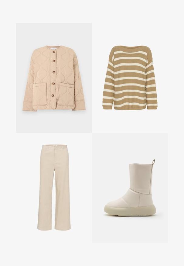Beige quiltet jakke med rund halsudskæring, store frontlommer, fem brune knapper og bølget syet mønster på stoffet.; Beige- og creamfarvet stribet sweater med en afslappet pasform, bred halsudskæring og tekstureret strik. Lange ærmer og ribbet kantdetalje.; Beige buks med brede ben i velour, der har en subtil ribbet tekstur, bæltestropper, frontlynlås og to sidelommer.; Beige ankelstøvle med en glat læderoverflade, rund tå og en tykk, lys sål. Har en strop bagpå.