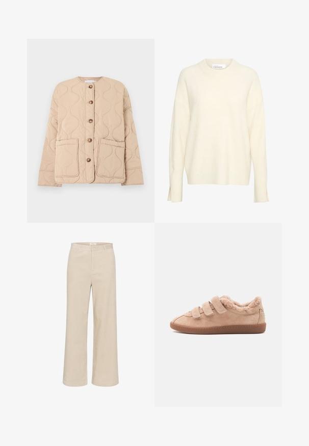 Veste matelassée beige avec un col rond, de grandes poches avant, cinq boutons marron et un motif ondulé cousu sur le tissu.; Pull crème en tissu doux, avec un col rond, un design à épaule tombante, des fentes sur les côtés et des poignets côtelés.; Pantalons en velours côtelé beige à jambes larges, présentant une texture à côtes subtile, des passants de ceinture, une fermeture éclair à l'avant et deux poches latérales.; Baskets en daim beige avec trois bandes Velcro, doublure en fourrure douce, semelle en caoutchouc et petits clous décoratifs au talon.