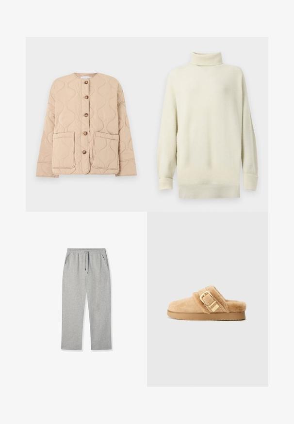 Veste matelassée beige avec un col rond, de grandes poches avant, cinq boutons marron et un motif ondulé cousu sur le tissu.; Pull col roulé crème avec texture côtelée, coupe décontractée et épaules tombantes. Comprend des manches longues et un ourlet droit.; Pantalons de jogging gris clair en tissu doux, dotés d'une taille élastique avec un cordon de serrage et de deux poches latérales.; Pantoufle en daim beige à enfiler avec doublure en peluche et grand détail de boucle dorée sur le côté, semelle plate, isolée sur un fond gris clair.