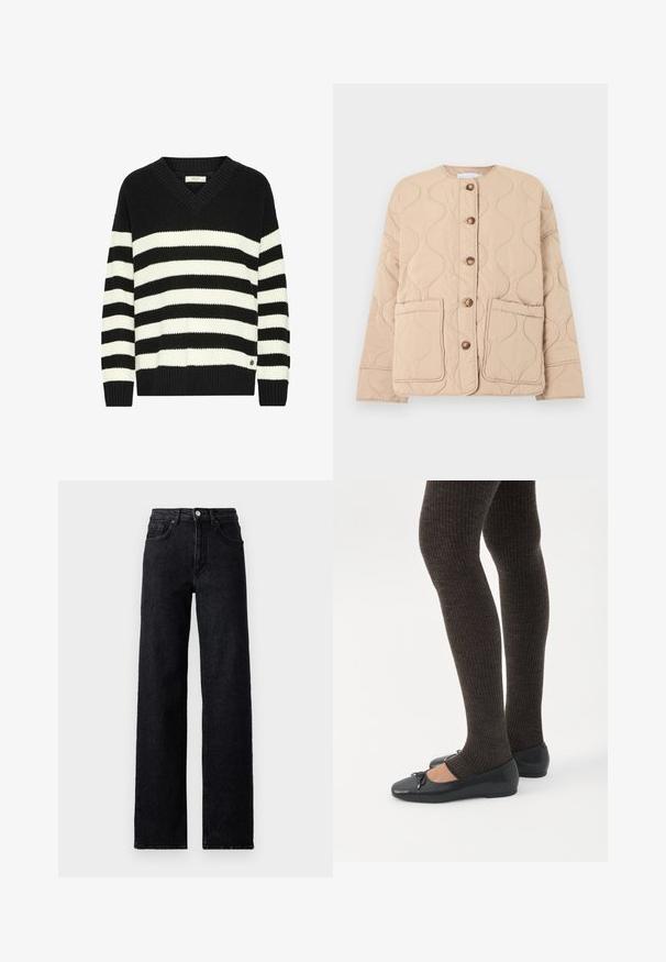 Veste matelassée beige avec un col rond, de grandes poches avant, cinq boutons marron et un motif ondulé cousu sur le tissu.; Pull à rayures noir et blanc avec un col en V, texture côtelée, manches longues et un petit logo en bas. Fabriqué en matière tricotée.; Jean en denim noir taille haute avec fermeture à bouton et à glissière, poches avant et arrière, et coupe droite.; Jambes portant des leggings côtelés foncés associés à des ballerines noires avec de petits détails en nœud sur fond blanc.
