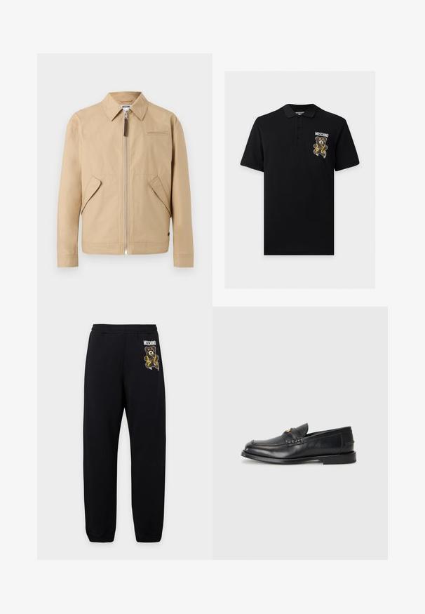 Veste beige pour homme à fermeture éclair, col pointu, deux poches latérales à rabat et une petite poche poitrine, sur un fond uni.; Polo noir à manches courtes avec une patte de boutonnage à trois boutons, présentant un motif ours en peluche et le texte "Moschino" sur la poitrine gauche.; Pantalon de survêtement noir à taille élastique, avec un petit ours en peluche et le logo "Moschino" sur la cuisse gauche.; Des mocassins en cuir noir présentent un bout arrondi, des détails cousus et un petit accent doré à l'avant. La semelle est plate et discrète.