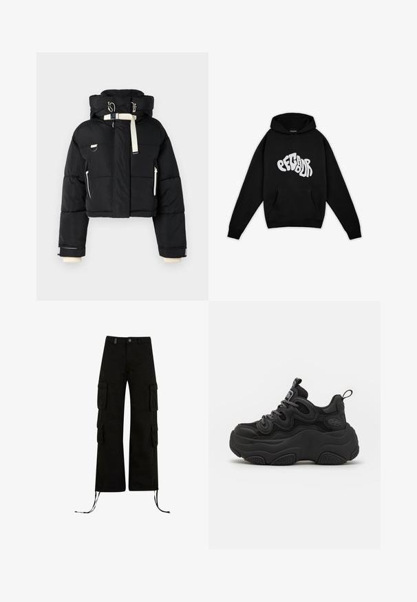 Čierna skrátená puffrová bunda s kapucňou, s krémovými akcentmi, predným zipsom, bočnými vreckami a elastickými manžetami.; Pegador PALUMA OVERSIZED HOODIE - Mikina - black; Čierne cargo nohavice s voľným strihom, obsahujúce cargo vrecká na bokoch, sťahovacie lemy a gombíkovú zaťahovaciu pásku v páse.; Čierne tenisky s masívnym dizajnom, obsahujúce textúrovaný zvršok, sieťovinové panely a hrubú gumovú podrážku. Viditeľné reflexné šnúrky a detaily značky.