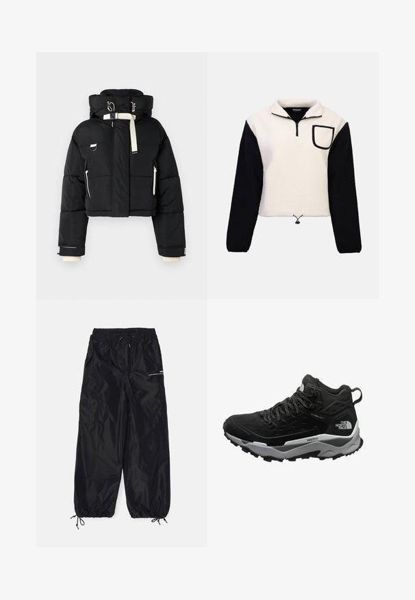 Veste doudoune noire coupée avec capuche, dotée d'accents couleur crème, fermeture éclair sur le devant, poches latérales et poignets élastiques.; Pull polaire avec une fermeture éclair d'un quart, corps crème, manches noires, poche à rabat et ourlet à cordon de serrage pour un ajustement optimal. Texture douce partout.; Pantalons cargo noirs en nylon brillant avec une taille élastique, cordon de serrage réglable, poches latérales et poignets élastiques.; Bottes de randonnée noires avec une tige texturée, une semelle intermédiaire grise et une semelle extérieure en caoutchouc présentant des motifs de traction marqués. Design à lacets avec un col rembourré.