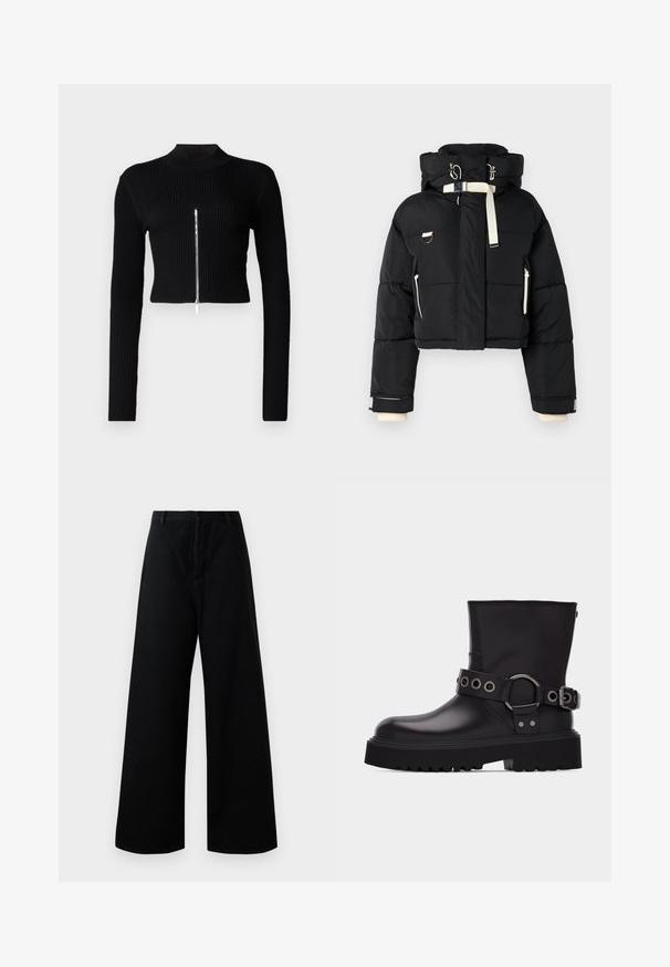 Zwart cropped puffer jack met een capuchon, voorzien van crème-kleurige accenten, een ritssluiting aan de voorkant, zijzakken en elastische manchetten.; Zwarte geribde cropped trui met lange mouwen, hoge halslijn en een centrale metalen ritsdetal. Glad materiaal en getailleerd ontwerp.; Zwarte wijde broek van katoen, met een hoge taille, voorzakken en een schone, eenvoudige uitstraling met minimale stikdetails.; Zwarte leren laars tot halverwege de kuit met dikke profielzool, decoratieve riem met zilverkleurige metalen oogjes en gesp aan de zijkant.
