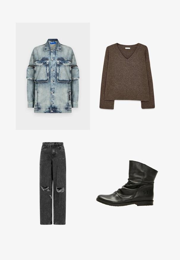 Lyseblå denimjakke med knaplukning, to brystlommer og en sidelomme. Har falmet tekstur og kontrasterende syningsdetaljer.; Brun strikket sweater med V-hals, langeærmer, let cropped design og ribbet kant. Blød tekstur med en glat finish.; Sorte højtaljede brede bukser af jeans med rifter på knæene og slidte detaljer på en hvid baggrund.; Sort læder ankelstøvle med slouch-design, afrundet tå og flad sål. Har en diskret sommerfugl-log på siden. Glat tekstur.