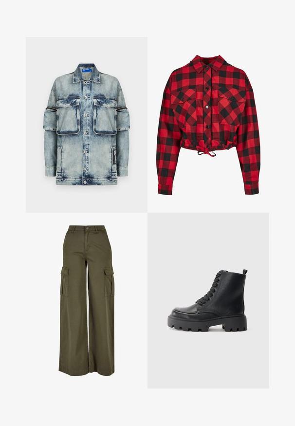 Lyseblå denimjakke med knaplukning, to brystlommer og en sidelomme. Har falmet tekstur og kontrasterende syningsdetaljer.; Rød og sort ternet cropped jakke med knaplukning foran, to brystlommer og justerbar snoretræk i kanten. Lange ærmer.; Olivengrønne bredde cargo bukser med to sidelommer, lavet af et blødt, holdbart stof. Har detaljeret syning og en knaplukning.; Sort læderkampstøvle med tykk lugsål, rund tå, bagpulltab og snørebånd foran på en ensfarvet lys grå baggrund.