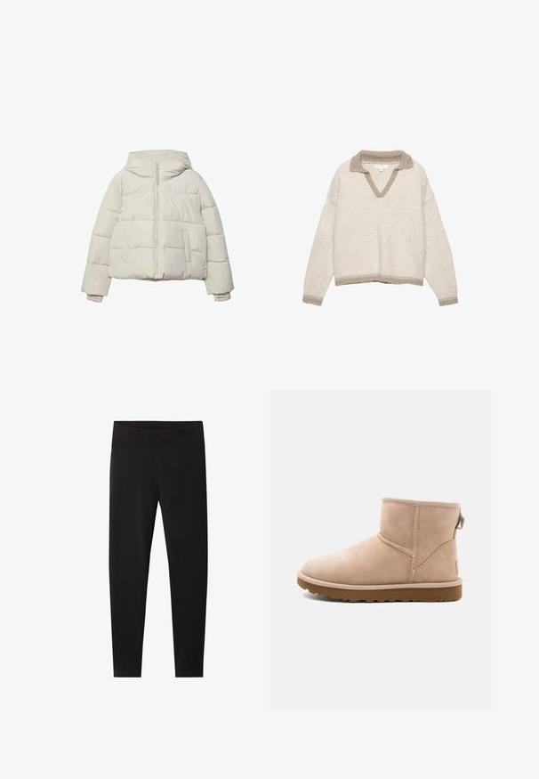 Lys beige pufferjakke med hætte, frontlynlås og to sidelommer. Den har et quiltet design og elastiske manchetter.; Lysebeige strikket sweater med V-hals, ribbet krave og ærmekanter i en mørkere taupe. Afslappet pasform med en kortet kant.; Sorte leggings med en bred, elastisk talje. Fremstillet af et glat, strækbart materiale, skræddersyet til en tætsiddende silhuet uden synlige mønstre.; Beige ruskindsankelstøvle med rund tå, synlige sting og en tekstureret brun gummisål. Har en træksløjfe på bagsiden.