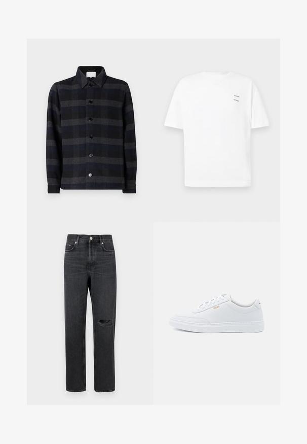 Sort og gråternet skjortejakke med lange ærmer, knaplukning foran og klassisk krave. Fremstillet af tekstureret stof.; Hvid bomulds t-shirt med en afslappet pasform, korte ærmer og V-udskæring. Har to små sorte trykte logoer på venstre side.; Sorte denim jeans med lige ben, der har et revnet knæ, fem-lomme design og metalbeslag ved taljen og lommerne.; Hvide lædersneakers med glat tekstur, rund tå og ton-i-ton syning. Har blå snørebånd og et gult logo på siden.