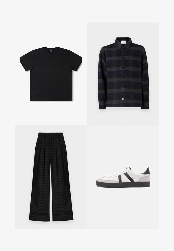 Sort og gråternet skjortejakke med lange ærmer, knaplukning foran og klassisk krave. Fremstillet af tekstureret stof.; Sort kortærmet t-shirt lavet af bomuld med rund hals, med et diskret logo i midten og en afslappet pasform.; Sorte ternede brede bukser med læg, der har en glat tekstur og klassisk design. Letvægtsstof for komfort.; Hvide sneakers med sorte og grå detaljer, med en tekstureret grå tåhætte, sort gummisål og flade hvide snørebånd. Rent design, minimalistisk stil.