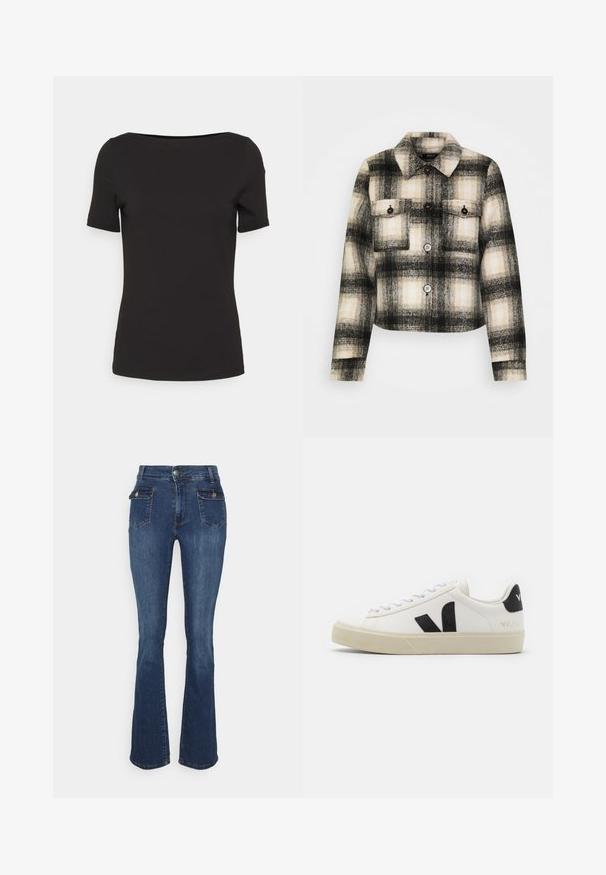 Chaqueta de franela a cuadros en negro, blanco y beige. Cuenta con dos bolsillos en el pecho, botones negros y un collar clásico. Diseño recortado.; Camiseta negra de manga corta con escote cuadrado, hecha de una tela suave, con un diseño ajustado y sin patrones ni acentos visibles.; Vaqueros de campana en azul oscuro, con cintura alta, bolsillos delanteros y traseros, costuras naranjas y un ligero desgaste.; Zapatilla de cuero blanca con logo V de goma negra. Suela texturizada en blanco roto, cordones blancos y detalle en el talón trasero con el nombre de la marca en negro.