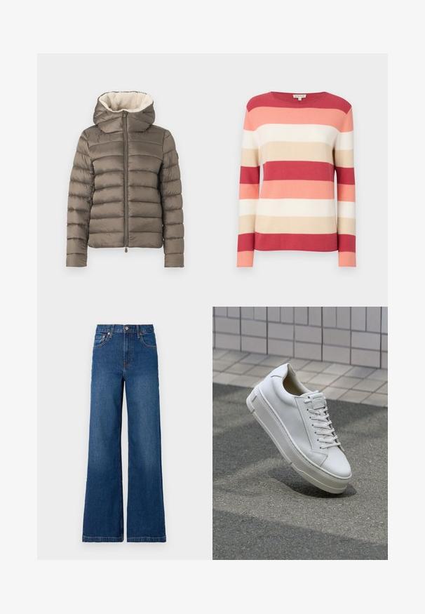 Puff jakke i olivengrøn med en aftagelig hætte, vandret quiltet design og cremet faux fur-foder omkring kraven. Lynlås foran.; Stribet pullovertrøje i nuancer af rød, pink, beige og creme. Har lange ærmer og en rund halsudskæring med en blød, strikket struktur.; GAP STRIDE SUTTON - Wide leg - dark wash; Hvide lædersneakers med lavt design, flade snører, rund tå og strukturerede sider. Tyk gummisål med diskrete detaljer.