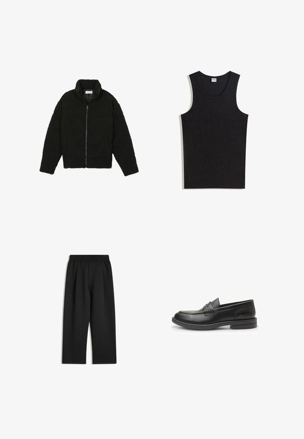 Sort, luftig, lynlåstrøje lavet af tekstureret fleece-stof. Har en høj krave og sidelommer. Rektangulær kropsform med lange ærmer.; Sort tanktop lavet af bomuld med rund halsudskæring og ærmeløs design. Glat tekstur uden synlige mønstre eller accenter.; Sorte vide bukser med elastisk talje og sidelommer, vist fladt på en hvid baggrund.; Sorte læder loafers med rund tå, dekorativ syning og en forhøjet søm. Har en flad gummi sål og en glat overflade.