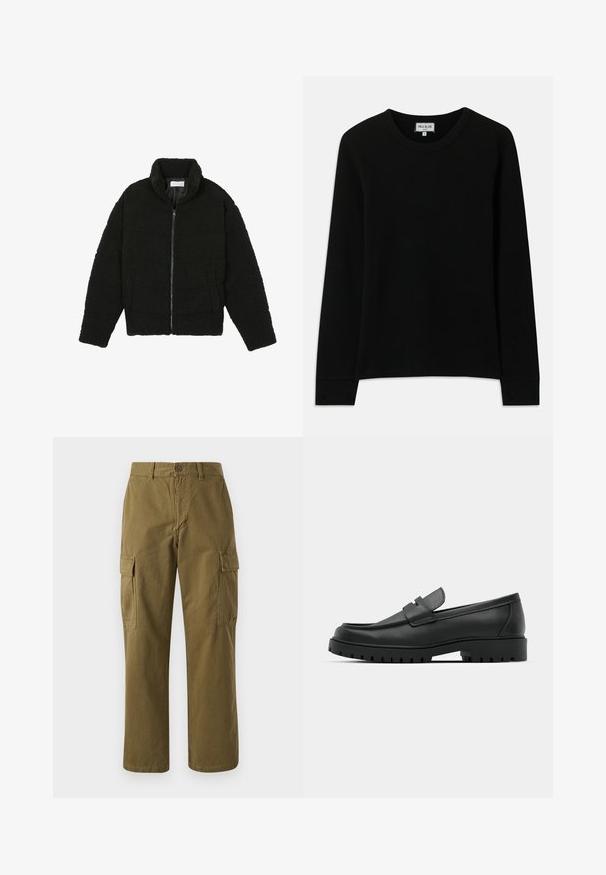 Sort, luftig, lynlåstrøje lavet af tekstureret fleece-stof. Har en høj krave og sidelommer. Rektangulær kropsform med lange ærmer.; Sort langærmet ribbet striktrøje med rund hals, mærket Paul & Joe Paris, størrelse medium, vist på en hvid baggrund.; Oliven grønne cargo bukser lavet af bomuld, med lige ben, front knaplukning og to sidelommer med klaplukninger.; Sorte læder loafers med rund tå, der har et syet design, lav platformssål og en struktureret, skridsikker gummisål.