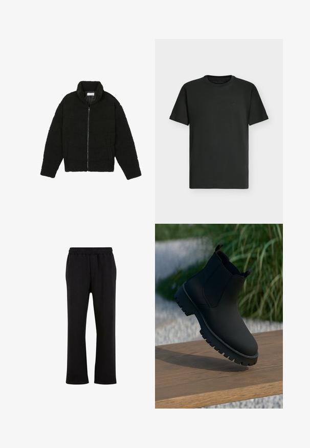 Schwarze, flauschige Jacke mit Reißverschluss aus strukturiertem Fleece-Stoff. Verfügt über einen hohen Kragen und Seitentaschen. Rechteckige Körperform mit langen Ärmeln.; Schlichtes schwarzes T-Shirt mit kurzen Ärmeln und Rundhalsausschnitt, mit einem dezent gestickten Logo auf der oberen Brust vor hellem Hintergrund.; Urban Classics Jogginghose - black; Schwarze Knöchelstiefel mit glattem Finish, elastischen Seitenpanelen und einer dicken, robusten Sohle. Vor einem natürlichen Hintergrund auf einer Holzoberfläche platziert.