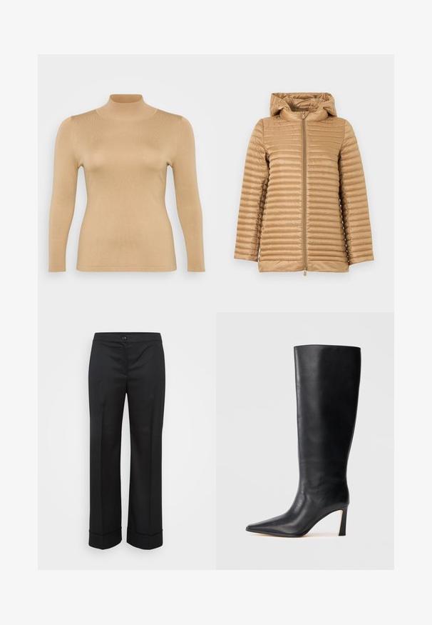 Lysebrun quiltet jakke med hætte og central lynlås, lange ærmer og vandret brystningsmønster.; Beige rullekravebluse med lange ærmer, ribbet tekstur, tætsiddende design og høj krage. Glat materiale uden synlige udsmykninger.; Sorte bukser med vide ben lavet af glat materiale, udstyret med knaplukning, forlommer og foldede manchetter ved kanten.; Sort læder støvle til knæene med spidse tæer og en slank høj hæl. Glat tekstur og rent design med en elegant silhuet.