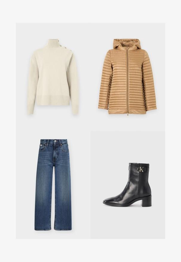 Veste matelassée marron clair avec capuche et fermeture éclair centrale, manches longues, et motif de couture horizontale.; Pull à col roulé côtelé beige avec manches longues et trois boutons décoratifs sur l'épaule gauche.; Jean en denim bleu coupe droite avec fermeture devant par bouton et zip, passants pour ceinture, et style cinq poches.; Botte de cheville en cuir noir avec un bout pointu, un talon carré et une sangle avec un détail de logo métallique. Texture lisse et design minimaliste.