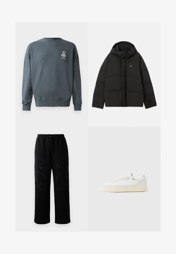 Sort puffjakke med hætte, med en quiltet tekstur, lynlås foran og sidelommer. Lille logo på den øverste venstre side.; Grå bomulds sweatshirt med rund hals, ribbede ærmer og et lille broderet slange-logo på den øverste venstre bryst. Glat tekstur.; Sorte joggingbukser med en afslappet pasform, der har intrikate spiralmønstre i syningerne langs siderne samt en elastisk talje med snoretræk.; Hvid sneakers med en øvre del i tekstureret ruskind og læder. Har rundet tå, snørelukning og kontrasterende beige gummisål.
