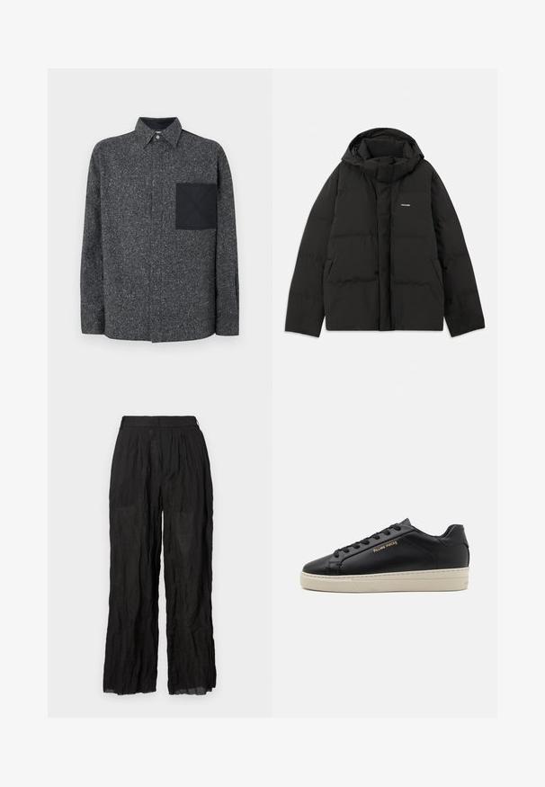 Schwarze Pufferjacke mit Kapuze, ausgestattet mit einer gesteppte Textur, Reißverschluss vorne und seitlichen Taschen. Kleines Logo auf der oberen linken Seite.; Iceberg Hemd - fantasia mix di grigi; Schwarze Leinenhose mit weitem Bein und strukturierter Oberfläche. Mit elastischem Bund und subtilen Falten.; Schwarze Leder-Sneaker mit glatter Oberfläche, kontrastierender cremefarbener Sohle, abgerundeter Spitze, goldfarbenem Logo an der Seite und sechs Ösen für die Schnürsenkel.