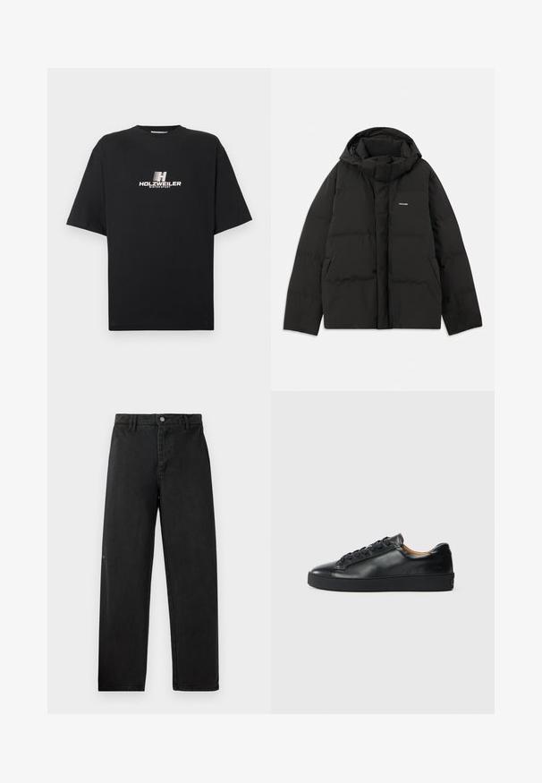 Casaco puffer preto com capuz, apresentando uma textura acolchoada, fecho frontal com zíper e bolsos laterais. Pequeno logotipo no lado superior esquerdo.; T-shirt preta de algodão com decote redondo e mangas curtas. Apresenta um logótipo impresso em branco que diz "HOLZWEILER WINTERSPORT" na parte da frente.; Calças de ganga pretas com um design de perna reta, apresentando um fecho frontal com botão e costura discreta. Textura suave e branding minimal.; Sapatilha de couro preta com uma textura suave, ponta redonda e fecho com atacadores. Apresenta uma sola de borracha grossa e um detalhe de marcação minimalista.