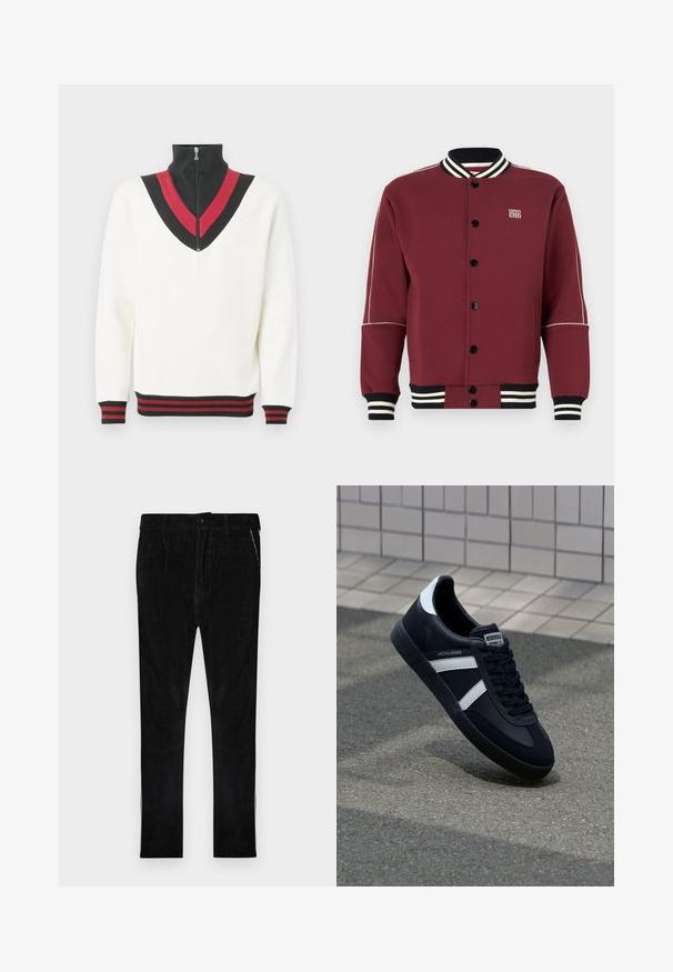 Bordeaux varsity jakke lavet af blødt stof, med ribbet krave og manchetter, sorte knapper og kontrasterende hvide striber på ærmerne.; Hvid pullover med høj krave, der har et sort og rødt V-formet design på brystet samt kontrasterende ribstrikkede manchetter og kant.; Sorte fløjlsbukser med vertikal ribstruktur, med klassisk knap- og lynlås-lukning, sidelommer og ben med lige snit.; Sort lædersneaker med hvide striber, tekstureret gummisål og snørrebånd foran. Har et brandet mærke på tungen.