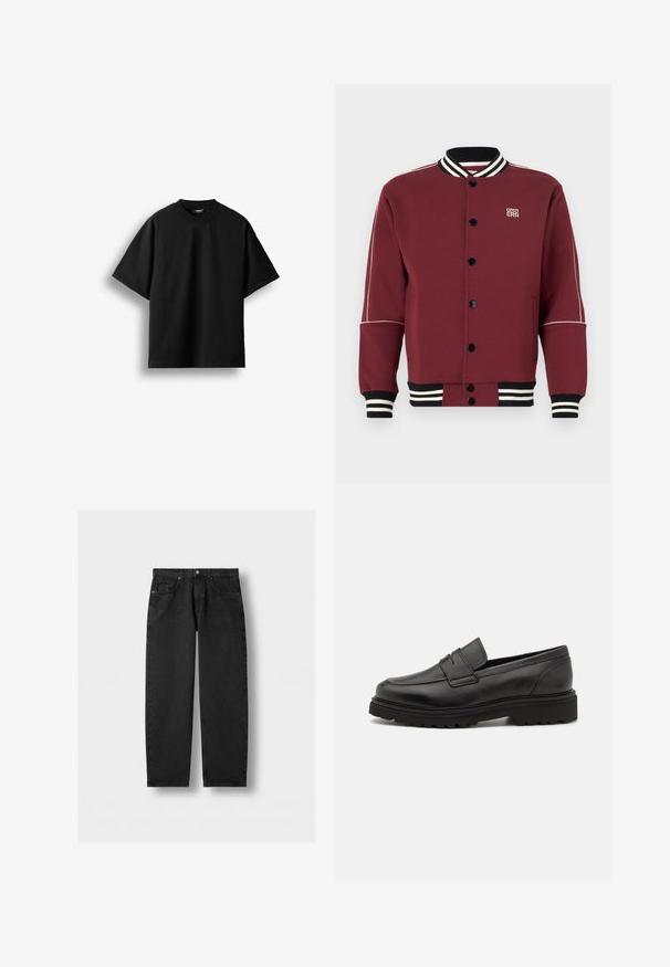 Veste de sport bordeaux en tissu doux, dotée d'un col et de poignets côtelés, de boutons noirs et de rayures blanches contrastantes sur les manches.; T-shirt noir à manches courtes et col rond, présenté à plat sur un fond blanc avec une petite étiquette visible au niveau du col.; Jeans en denim noir à jambes droites avec poches avant et poche à monnaie, fermeture à bouton et passants de ceinture sur un fond gris clair.; Mocassin en cuir noir avec un bout rond, des détails cousus, et une semelle épaisse et texturée. Présente un design élégant et minimaliste.