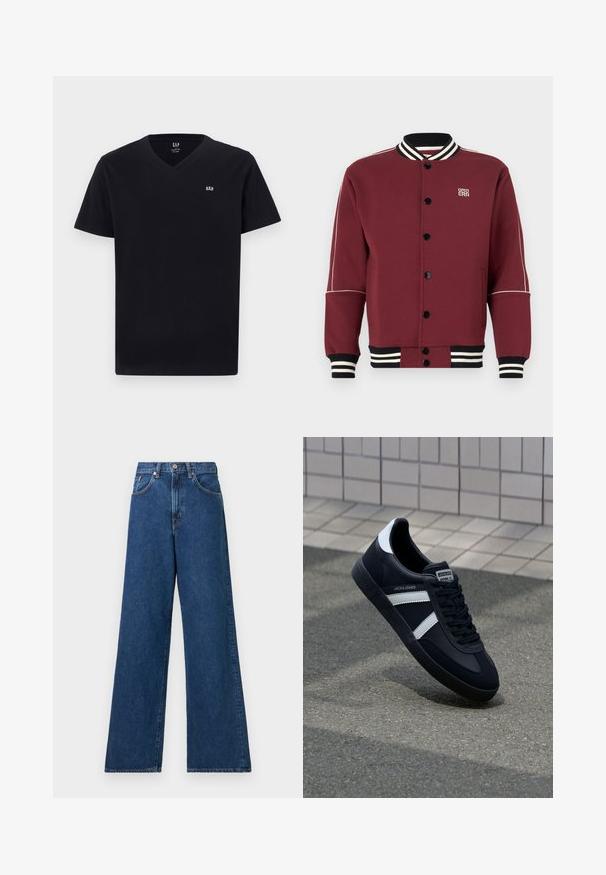 Veste de sport bordeaux en tissu doux, dotée d'un col et de poignets côtelés, de boutons noirs et de rayures blanches contrastantes sur les manches.; T-shirt en coton noir avec un col en V, des manches courtes et un petit logo brodé blanc sur la poitrine gauche. Texture lisse, coupe classique.; Jean en denim bleu à jambes larges avec une taille haute, présentant des passants de ceinture et des poches avant. Le tissu a une texture lisse et des coutures minimales.; Sneaker en cuir noir avec des rayures blanches, semelle en caoutchouc texturée et devant à lacets. Présente une étiquette de marque sur la languette.