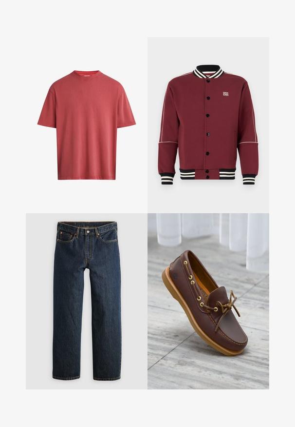 Bordeauxfarbene Varsity-Jacke aus weichem Stoff, mit geripptem Kragen und Bündchen, schwarzen Knöpfen und kontrastierenden weißen Streifen an den Ärmeln.; Rotes T-Shirt mit kurzen Ärmeln aus weicher Baumwolle. Rundhalsausschnitt mit entspanntem Schnitt und glatter Textur, mit einfachem Muster.; Dunkelblaue Jeans aus Denim mit geradem Bein. Verfügen über fünf Taschen, kontrastierende Naht und eine Knopfverschluss am Bund.; Brauner Leder-Bootsschuh mit goldfarbenen Ösen, einer vorn geschnürten Schnürung und einer hellbraunen Gummisohle. Strukturierte Oberfläche und Logo an der Seite.