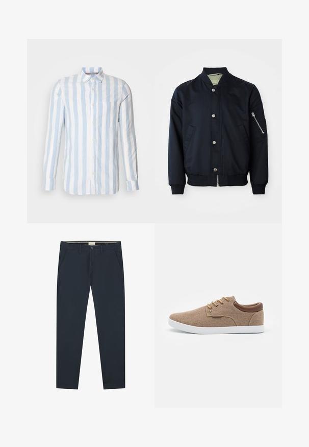 Marineblauer Bomberjacke mit Druckknöpfen, Reißverschlusstasche am Arm, geripptem Kragen, Bündchen und Saum, Taschen an der Vorderseite auf weißem Hintergrund.; Hellblaue und weiße gestreifte Langarmbluse aus Leinen mit Knopfleiste und einer einzelnen Brusttasche.; Marineblaue Chinos aus leichtem Baumwollstoff. Mit Fronttaschen, einem Knopfverschluss und einer glatten Textur mit schmaler Passform.; Beige Leinenschuh mit braunen Lederelementen, weißer Sohle, runder Zehenpartie und sechs metallischen Ösen für die Schnürsenkel. Glatte Oberflächenstruktur.