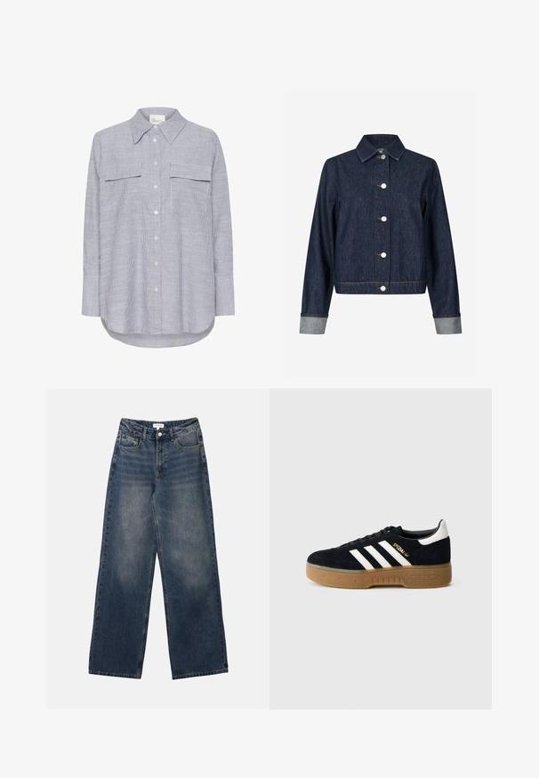 Envii JACKET - Chaqueta vaquera - dark-blue denim; Camisa de botones a rayas en azul y blanco. Presenta un cuello clásico, dos bolsillos en el pecho y mangas largas con puños abotonados.; Vaqueros de hombre de tiro alto en denim azul, con pernera ancha, botón y cremallera frontales, y bolsillos delanteros y traseros.; Zapatilla de ante negra con tres franjas blancas y logotipo dorado. Suela de goma con agarre texturizado. Diseño clásico de corte bajo, punta redondeada.