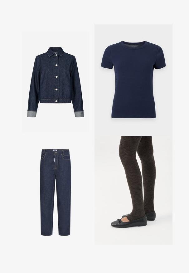 Envii JACKET - Chaqueta vaquera - dark-blue denim; Camiseta azul marino de manga corta con tejido de canalé, cuello redondo y silueta ajustada sobre fondo blanco.; Jeans de mezclilla azul oscuro con corte recto, con costuras naranjas, bolsillos frontales y cierre de botón. Tejido duradero con una textura suave.; Piernas con leggings oscuros acanalados combinados con bailarinas negras que presentan pequeños detalles de lazo sobre un fondo blanco.