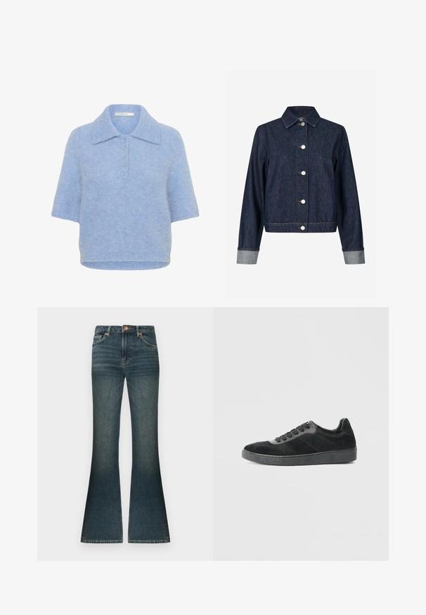 Envii JACKET - Veste en jean - dark-blue denim; T-shirt tricot à col, bleu clair et à manches courtes, avec une patte de boutonnage à cinq boutons. Texture douce avec une coupe légèrement carrée et un ourlet côtelé.; Jean flare en denim bleu foncé avec un léger décoloré subtil, taille standard et un design classique à cinq poches. Accents en métal cuivré.; Baskets noires en daim et fourrure avec une semelle en caoutchouc texturée. Présente un design à lacets et des accents de panneaux subtils.