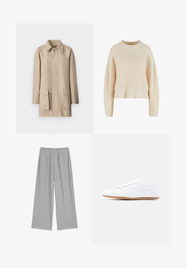 Filippa K PATCH POCKET JACKET - Korte frakker - khaki beig; Cremefarvet strikket sweater med høj ribbet krave, brede ærmer og et struktureret mønster hele vejen igennem. Kropet design med ribbet kant.; Lys grå bredbenede bukser med en plisseret front, der har en glat tekstur og en diskret sidelukning med lynlås.; Hvid lavtstående sneaker med snøresystem, glat læderoverdel, diskrete syninger og lysbrun gummisål.