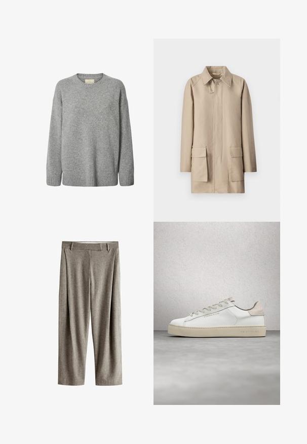 Filippa K PATCH POCKET JACKET - Korte frakker - khaki beig; Grå strikket sweater med rund halsudskæring, faldende skuldre og ribbet kant. Blød tekstur med ensartet mønster og uden synligt hardware.; Grå bukser med lige ben, bæltestropper, flad front og en subtil tekstur på en hvid baggrund.; Hvide lædersneakers med en glat overflade, beige ruskindsdetaljer, rund tå, flad snørebåndsdesign og en struktureret gummisål.