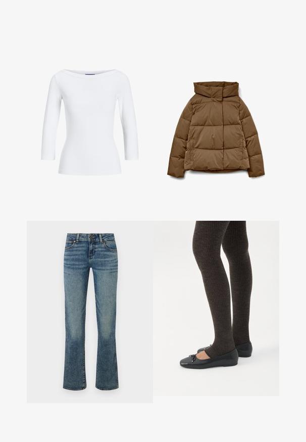 Brun pufferjakke med høj krave, firkantet form, vandret quiltet mønster og sidelommer. Fremstillet af et glat, holdbart stof.; Hvid, ribbet langærmet top med bådudskæring. Stoffet er glat, tætsiddende og har en ren afslutning ved manchetterne og kanten.; Blå denim jeans med mellemhøj talje, knaplukning, forlommer og let udvidede ben med falmede detaljer.; Ben iført mørke ribbede leggings kombineret med sorte balletsko med små sløjfedetaljer på hvid baggrund.