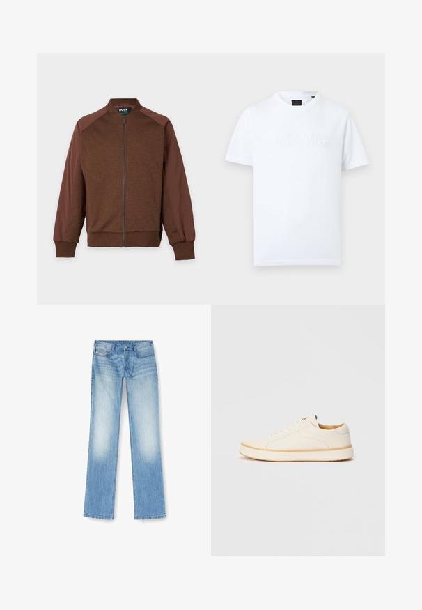 Bruine jas met rits, donkerbruine mouwen, geribde manchetten en kraag, met label "BOSS" aan de binnenkant van de nek.; Wit T-shirt met korte mouwen en ronde hals, met subtiele reliëftekst "Jack & Jones Premium" middenvoor.; Lichtblauwe rechte jeans gemaakt van denim, met een vervaagde afwerking, vijf-pocket ontwerp en zichtbare stiksels langs de naden.; Witte leren sneaker met een ronde neus, eenvoudig vetersluiting ontwerp, gevoerde binnenzool en een contrasterende tan rubberen zool. Zachte textuur overal.