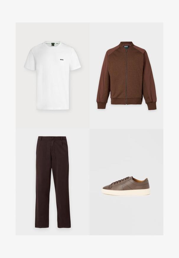 Brun lynlåsjakke med mørkere brune ærmer, ribstrikkede manchetter og krave, mærket "BOSS" inde ved halsen.; En ensfarvet hvid T-shirt med korte ærmer og et lille sort "BOSS"-logo på venstre bryst, vist på en lys baggrund.; Mørkebrune bukser med lige ben, knap- og lynlåslukning, bæltestropper og sidelommer, vist på en hvid baggrund.; Brun lædersneaker med en glat tekstur, kontrastfuld cremelignende ydersål, rund snude og mørkebrune snørebånd; har subtilt præget logo.