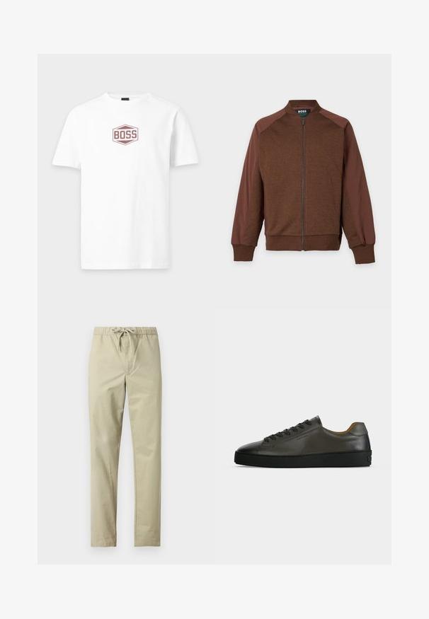 Veste marron zippée avec des manches marron plus foncé, des poignets et un col côtelés, étiquetée "BOSS" à l'intérieur du col.; T-shirt blanc à manches courtes avec col rond, doté d'un logo hexagonal bordeaux centré avec le mot "BOSS" sur la poitrine.; Pantalon beige clair avec une ceinture élastique et un cordon de serrage. Fabriqué en tissu doux, doté de jambes droites et sans poches ni motifs.; Basket basse en cuir gris foncé avec lacets et semelle noirs, design minimaliste, profil latéral sur un fond clair uni.