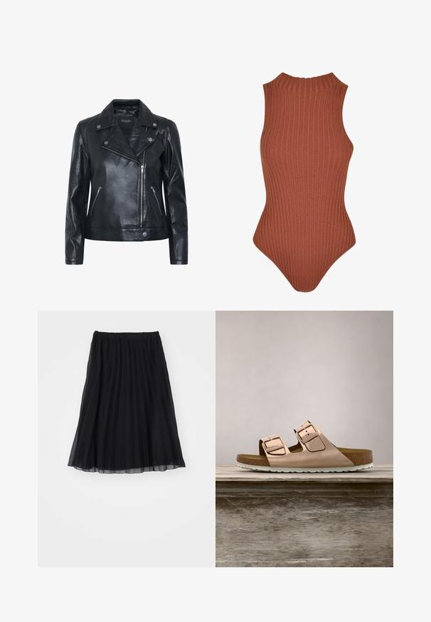 Veste de moto en cuir noir, avec fermeture éclair, garnitures en argent, col à pression et deux poches latérales zippées. Texture lisse et légèrement brillante.; Body marron côtelé avec un col haut, sans manches, et une silhouette cintrée. Fabriqué en tissu extensible, adapté pour le superposition.; Jupe plissée noire en tissu transparent, avec une taille élastique. Sa conception fluide s'étend jusqu'à la mi-mollet, mettant en valeur des plis verticaux.; Sandales à glissière en or rose avec deux boucles en métal ajustables, semelle en liège et semelle en caoutchouc blanche. Fini métallique lisse, design ouvert.
