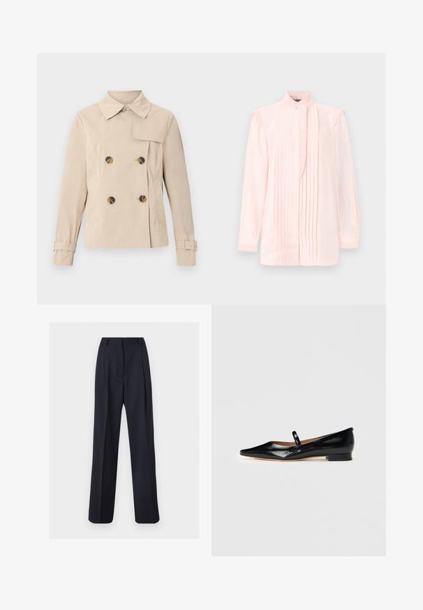 Beige dobbelspent trenchcoat med bred krage, fire skjellknapper, sidelommer og justerbare spennebånd på ermene.; Lys rosa bluse med lange ermer, vertikale folder foran, høy krage med knapp og subtile rynkede detaljer på skulderen.; Marineblå skreddersydde bukser med rette ben, beltehemper og fremre presninger, vist mot hvit bakgrunn.; Svarte lakk lær spisse tå Mary Jane flate sko med en enkelt stropp og lav hæl på vanlig bakgrunn.