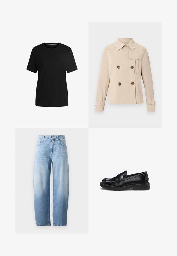 Gabardina beige de doble botonadura con cuello ancho, cuatro botones de carey, bolsillos laterales y tiras ajustables con hebilla en las mangas.; Camiseta negra de manga corta hecha de suave algodón, con cuello redondo y una textura lisa. Diseño simple sin patrones ni acentos.; Vaqueros vaqueros azul claro con cintura alta, piernas rectas y anchas, botón frontal y bolsillos sobre un fondo liso.; Mocasín negro de cuero tipo slip-on con puntera elevada y cosida, tacón bajo y suela gruesa de goma, mostrado de lado sobre fondo blanco.