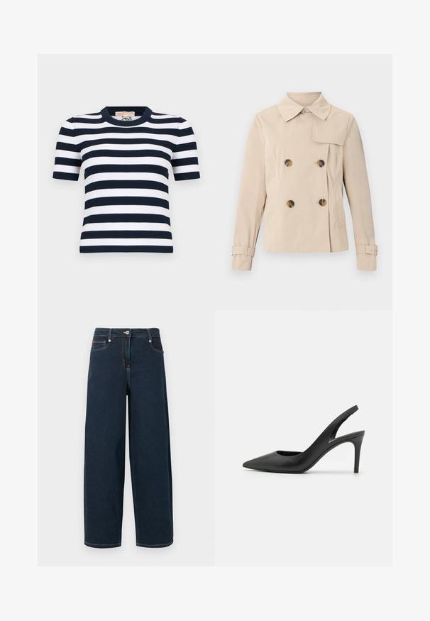Trench-coat beige à double boutonnage avec large col, quatre boutons en écaille, poches latérales et sangles réglables avec boucles aux manches.; Haut à manches courtes en maille côtelée avec des rayures horizontales bleu marine et blanches et un col rond.; Jean en denim bleu foncé à jambes larges avec bouton à l'avant, fermeture éclair et design cinq poches.; Escarpins à talon aiguille en cuir noir, avec un design à bout pointu, présentant une découpure à l'avant et un talon fin.