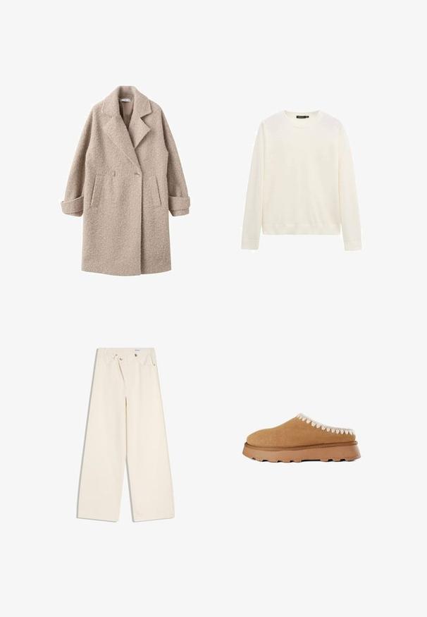 Beige dobbeltrækket frakke lavet af tekstureret uld, med en spids krave og sidelommer, samt opfoldede manchetter og en blød finish.; Hvid langærmet crewneck-trøje med ribstrikkede manchetter og kant, vist mod en helt hvid baggrund.; Off-white bukser med vidde i benene, foranlommer, bærestropper og sølvknapper på linningen og lommekanter.; Brune ruskind slip-on sko med en tekstureret overdel, der har dekorativ beige syning langs kanten og en tykk gummisål.