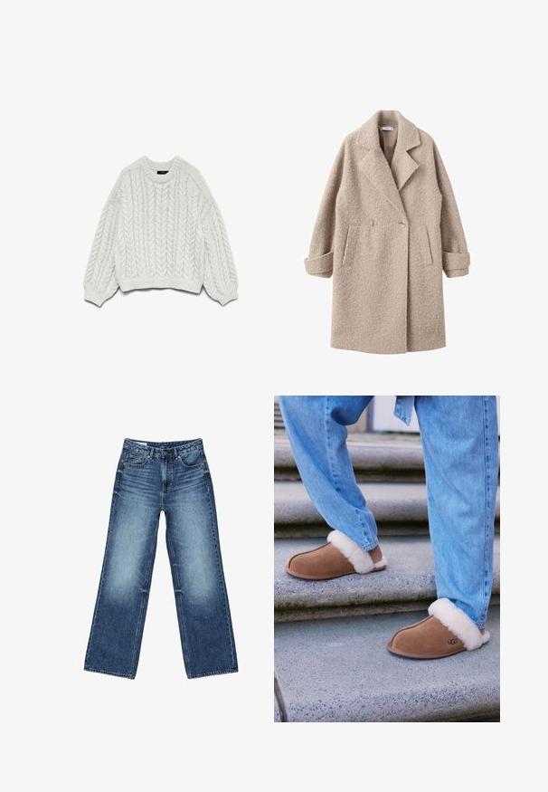 Manteau beige à double boutonnage en laine texturée, avec un col revers et des poches latérales, des poignets roulés et une finition douce.; Pull en maille blanche avec un motif en torsades, col rond, et manches longues avec des poignets et un ourlet côtelés.; Jean denim bleu à jambes larges avec poches avant et poche monnaie, fermeture à boutons, et lavage délavé sur les cuisses et les genoux.; Chaussons en daim marron avec doublure en fourrure blanche, bout arrondi et semelle en caoutchouc, associés à un jean en denim bleu sur des marches en granite.