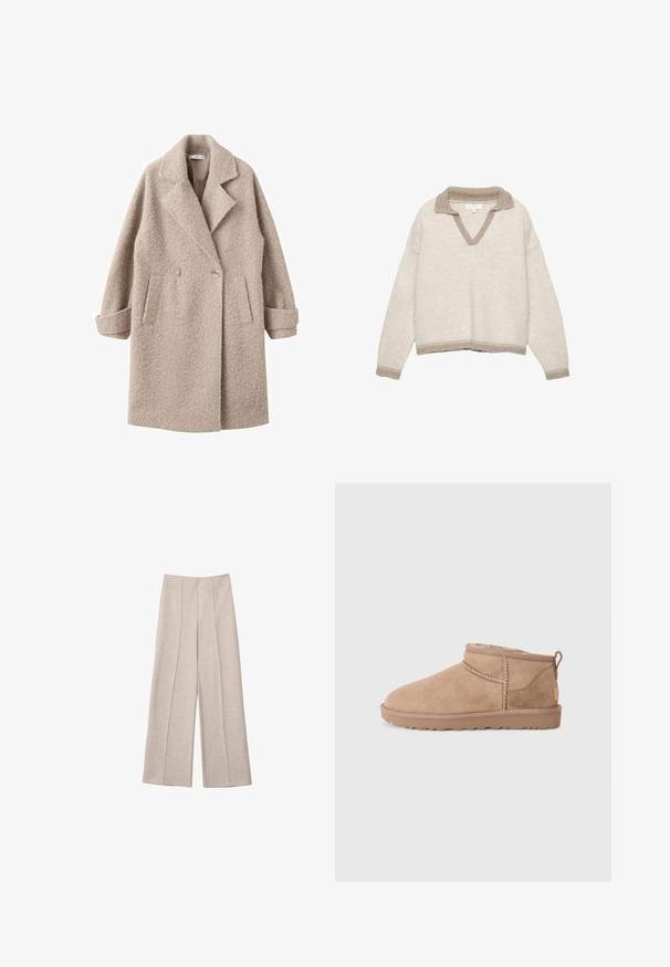 Beige dobbeltrækket frakke lavet af tekstureret uld, med en spids krave og sidelommer, samt opfoldede manchetter og en blød finish.; Lysebeige strikket sweater med V-hals, ribbet krave og ærmekanter i en mørkere taupe. Afslappet pasform med en kortet kant.; Beige vide bukser lavet af et blødt stof, med markante for-pletter og en skræddersyet høj talje design, uden synlige lommer.; Brune ruskinds ankler støvler med blød indvendig foring, quiltede detaljer og en struktureret gummisål for godt greb. Sløjfe bagpå for nem påtagning.