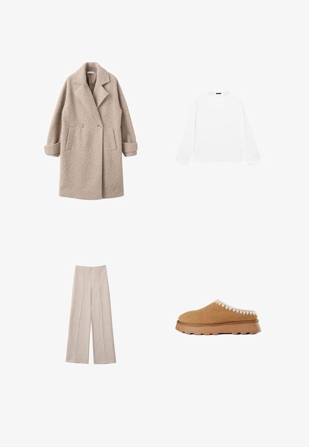 Manteau beige à double boutonnage en laine texturée, avec un col revers et des poches latérales, des poignets roulés et une finition douce.; Sweat-shirt blanc à manches longues avec col rond, ourlet droit et petite étiquette noire au niveau de l'encolure sur un fond uni.; Pantalons larges beiges en tissu doux, avec des plis avant marqués et une taille haute cintrée, sans poches visibles.; Chaussure marron en daim à enfiler avec une tige texturée, ornée de coutures décoratives beige le long du bord et d'une semelle en caoutchouc épaisse.