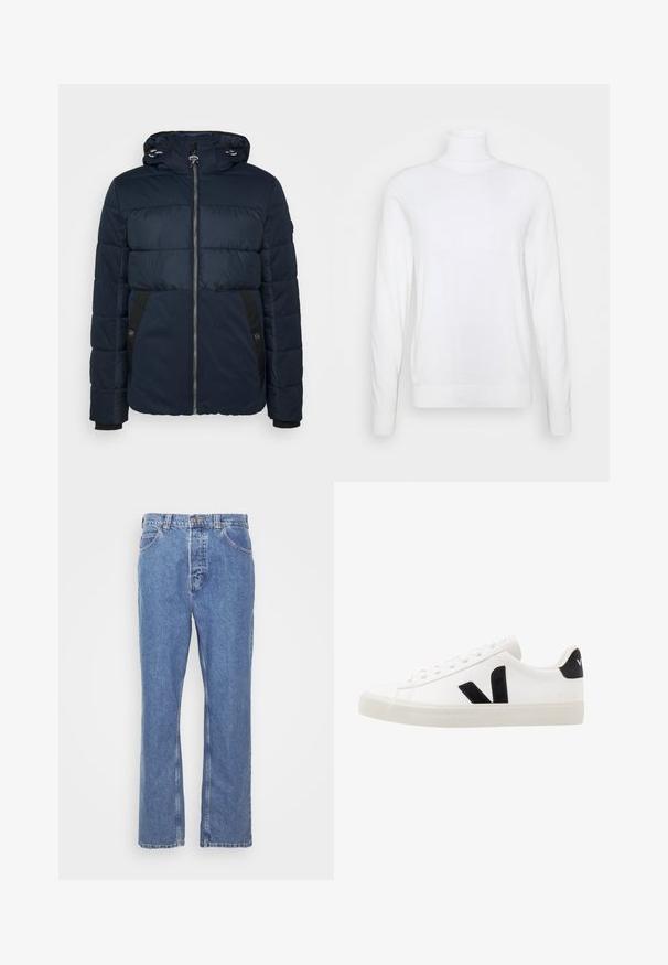Mørkeblå pufferjakke med lynlås fortil, justerbar hætte, sorte sidepaneler og ribbede manchetter for isolering og komfort.; Hvid turtleneck sweater med lange ærmer, lavet af glat stof. Har et tætsiddende design og ribbede manchetter og kant. Ingen mønstre eller accenter.; Blå denimjeans med lige pasform, fem lomme-design, bæltestropper og knaplukning. Stoffet har en blød, struktureret finish.; Hvide lædersneakers med sorte ruskindsdetaljer; har en gummisål, rund tå og klassisk snørebåndsdesign. Side logo i sort.