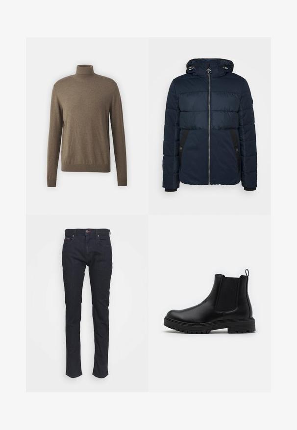 Mørkeblå pufferjakke med lynlås fortil, justerbar hætte, sorte sidepaneler og ribbede manchetter for isolering og komfort.; Brun turtleneck sweater lavet af blødt materiale, med lange ærmer, ribbede kanter ved hals og bund, og en glat, ensartet tekstur.; Mørkeblå slim-fit denim jeans med frontlommer, knaplukning og subtile røde syninger på taljeremmen og lommen.; Zign by Zalando LEATHER - Støvletter - black