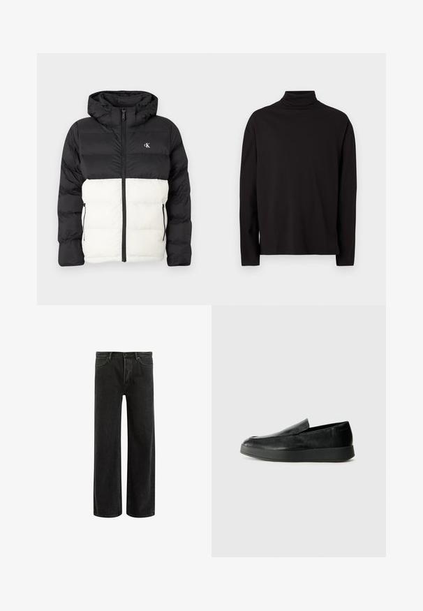 Sort og hvid polstret jakke med hætte, der har lynlås lukning, to sidelommer med lynlås og logo på brystet. Tekstureret, varm design.; Sort turtleneck langærmet top lavet af blød, glat stof med løs pasform og uden synlige mønstre eller detaljer.; Sorte denim bredde ben jeans med høj talje, med klassisk fem-lomme design og subtil falmning for et tekstureret udseende.; Calvin Klein HYBRID CUP - Loafers - triple black